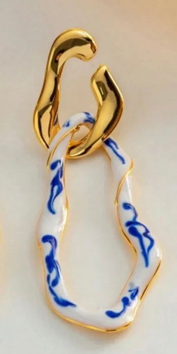 Golden Porcelain Twist Statement Earrings with Blue & White accents.  2 Styles