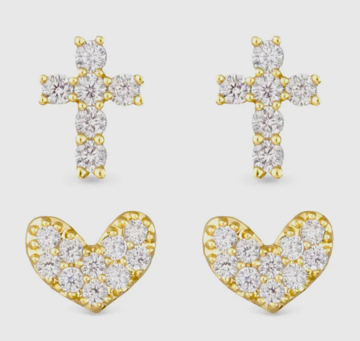 Pave Cross & Heart Duo Earrings