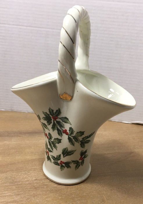 Vintage Christmas Porcelain Vase Basket / Christmas Holly Vase