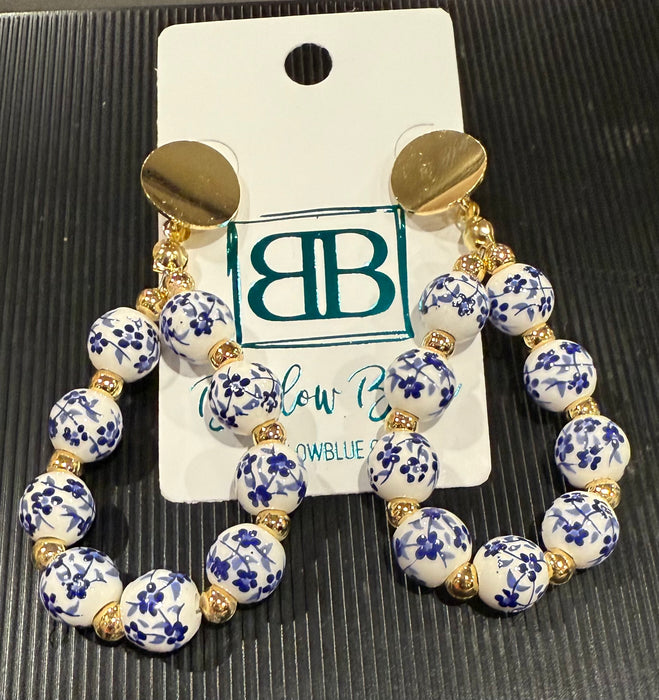 Blue & White Porcelain Chinoiserie Beaded Teardrop Earrings with Gold Accents