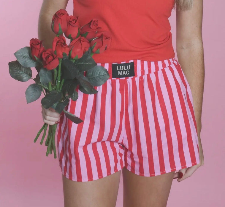 Red & Pink Striped Lulu Mac Logo Shorts **NEW VALENTINE'S DAY DROP PREORDER***