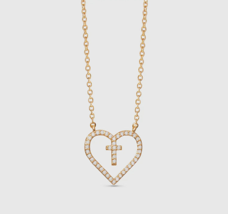 Gold Heart with Inset Cross Necklace