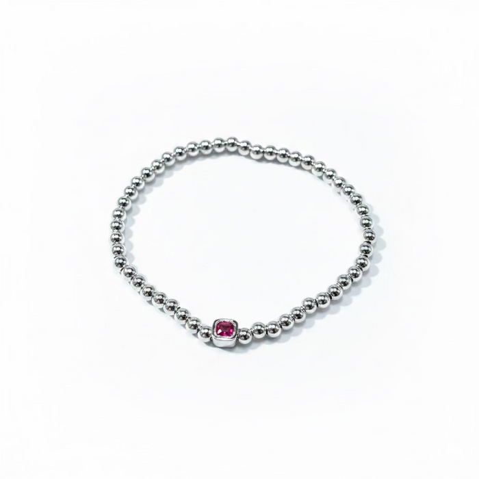The Confetti in Silver-  Beaded Bracelet with Square shaped Birthstone Charm