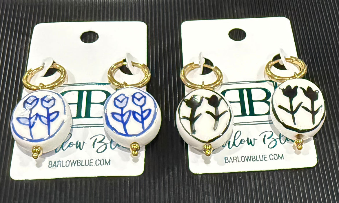 Floral Ceramic Bead Hoop Earrings – Blue or Black