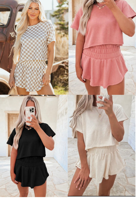 High Waisted 2 Piece Skort Set.  Available in Black, Cream, Pink & Tan Checkered.