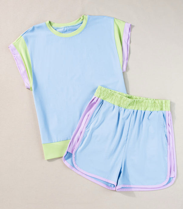 PREORDER Blue with Purple/Green Trim Shorts Set.  AS-A2XL. Allow 3 weeks to come in.  Get a 25% OFF discount for preordering!  Deadline to preorder is 2/16/25.