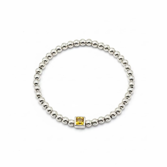 The Confetti in Silver-  Beaded Bracelet with Square shaped Birthstone Charm