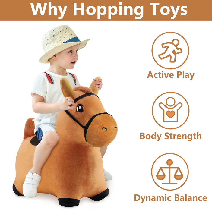 Inflatable Brown Bouncy Horse Ride On for Toddlers.