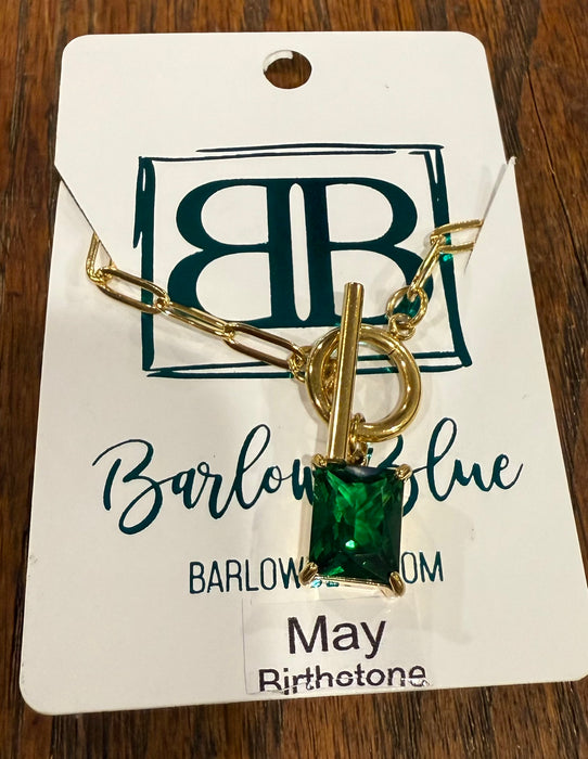 Large Emerald Cut Birthstone Necklace with Paperclip Chain and Toggle Clasp.  18” Long.