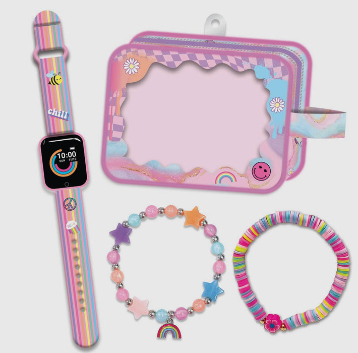 Rainbow Fitness Smartwatch for kids.  Comes with a glow in the dark pouch and 2 bracelets. Syncs to phones.