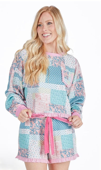 Simply Southern Ruffle Bow Pajama Short Set.  Patchwork Quilt Pattern