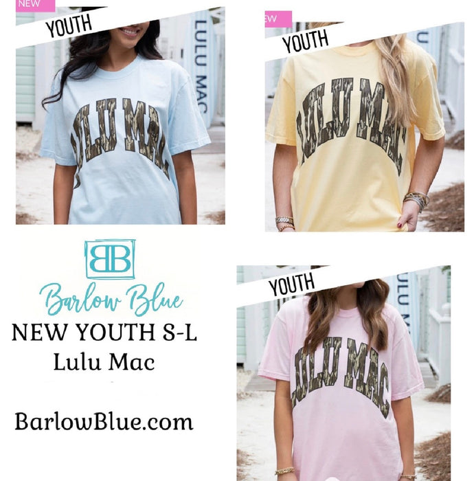 YOUTH Lulu Mac Bottomland Camo Tees on Comfort Colors.