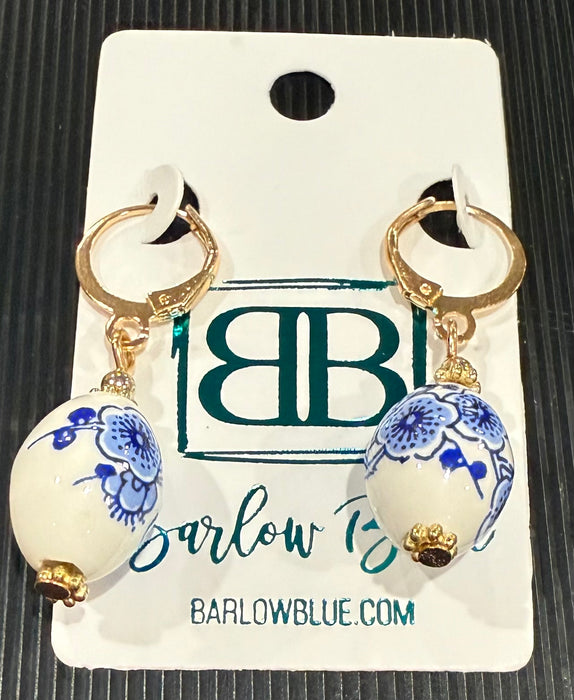 Oblong Blue & White Porcelain Bead Drop Earrings with Gold Accents