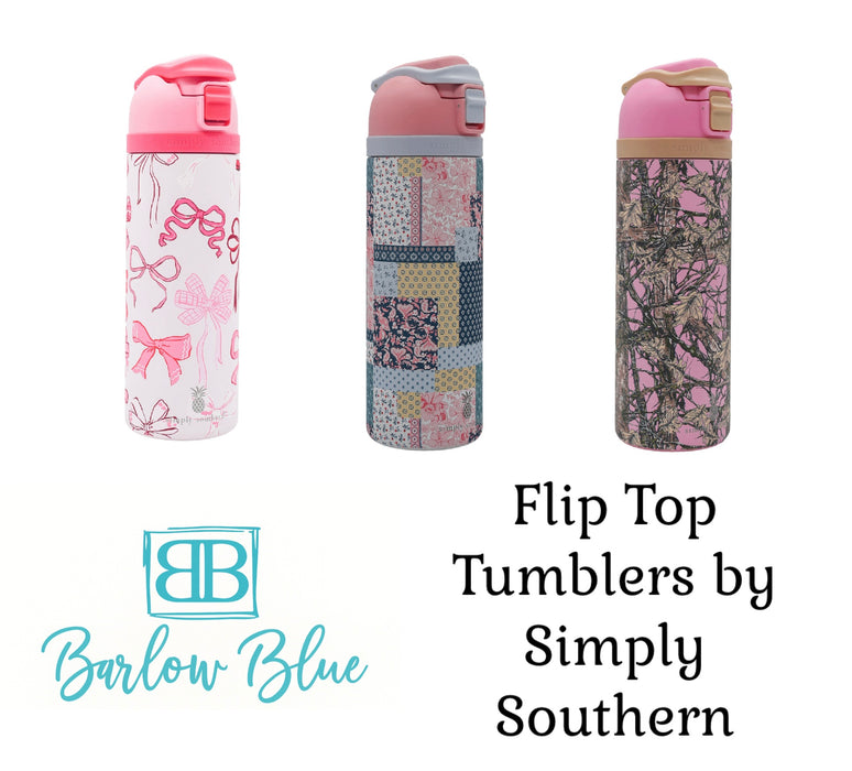 24oz Flip Top Tumblers by Simply Southern.  Bows, Pink Camo & Patchwork Quilt Patterns.