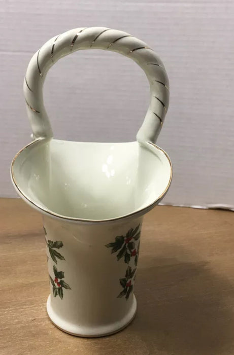 Vintage Christmas Porcelain Vase Basket / Christmas Holly Vase