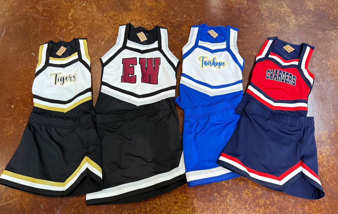 Girls Varsity Style Cheer Suits.  If you don't see the size/color you need please message us.  We may be able to get it!  We can do any school or team.  PRICE INCLUDES TEAM CUSTOMIZATIONS.