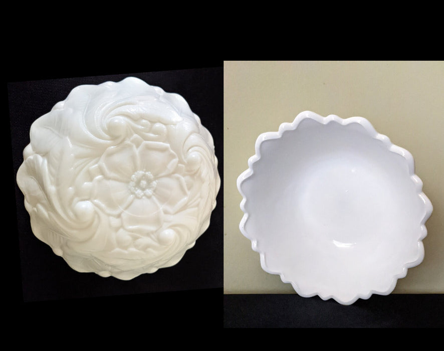 Vintage Large Milk Glass Bowl Indiana Colony Wild Rose Berry Pattern Scalloped Rim Serving Dish Depression Era Kitchen Table Centerpiece