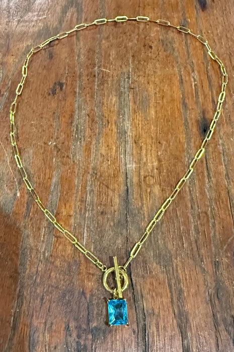 Large Emerald Cut Birthstone Necklace with Paperclip Chain and Toggle Clasp.  18” Long.