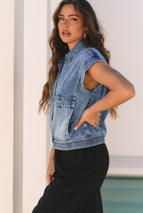 Acid Wash Denim Short Sleeve Jacket Vest