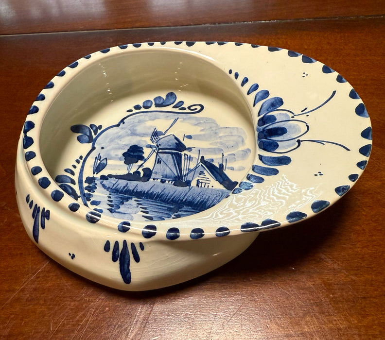 Vintage Delft Blue & White hand painted small decorative dish. It is hat shaped with a windmill.