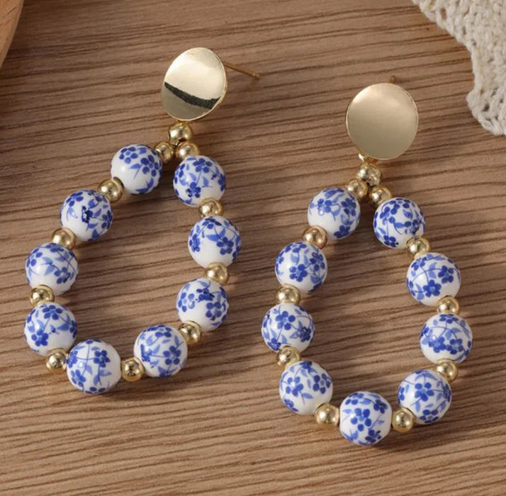 Blue & White Porcelain Chinoiserie Beaded Teardrop Earrings with Gold Accents
