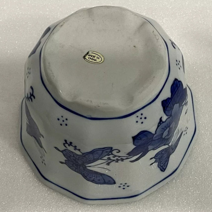 Vintage Chinese Export Blue & White Flower Pot Hand Painted.  Butterfly Pattern
