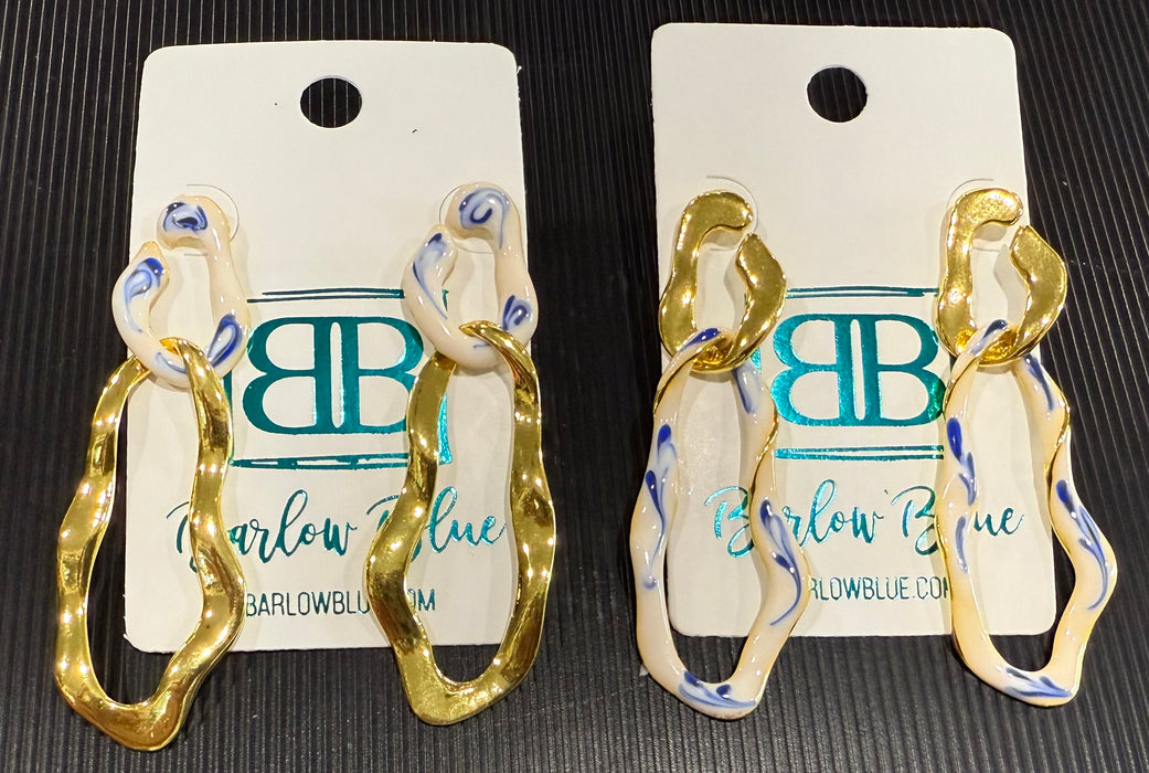 Golden Porcelain Twist Statement Earrings with Blue & White accents.  2 Styles