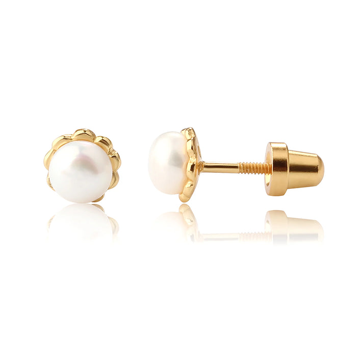 Baby/Kids 14K Gold-Plated Child's Freshwater Pearl Screw Back Earrings with Scalloped Edge