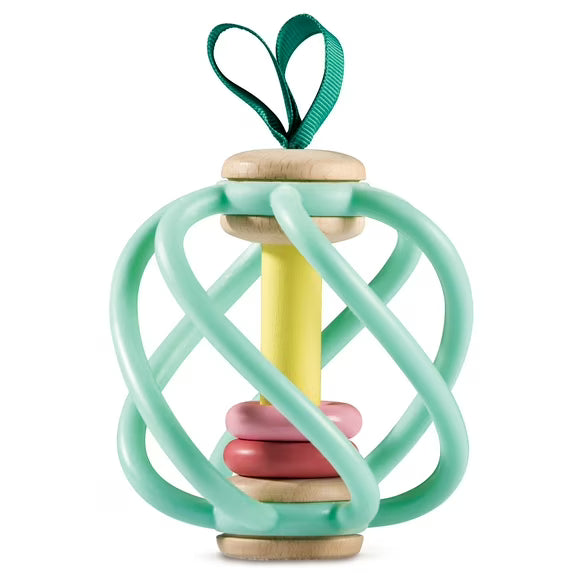 Apple Grab Toy - Green-Yellow-Red - Teether Baby Toy, Wooden Base, Soft Silicone Rings, Safe To Chew, Sensory, Newborn-Baby-Infants Ages 0mo+