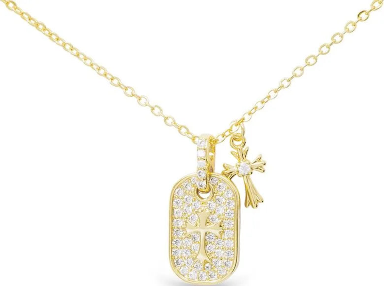 Gold CZ Double Pave Pendant Classic Cross and Mini