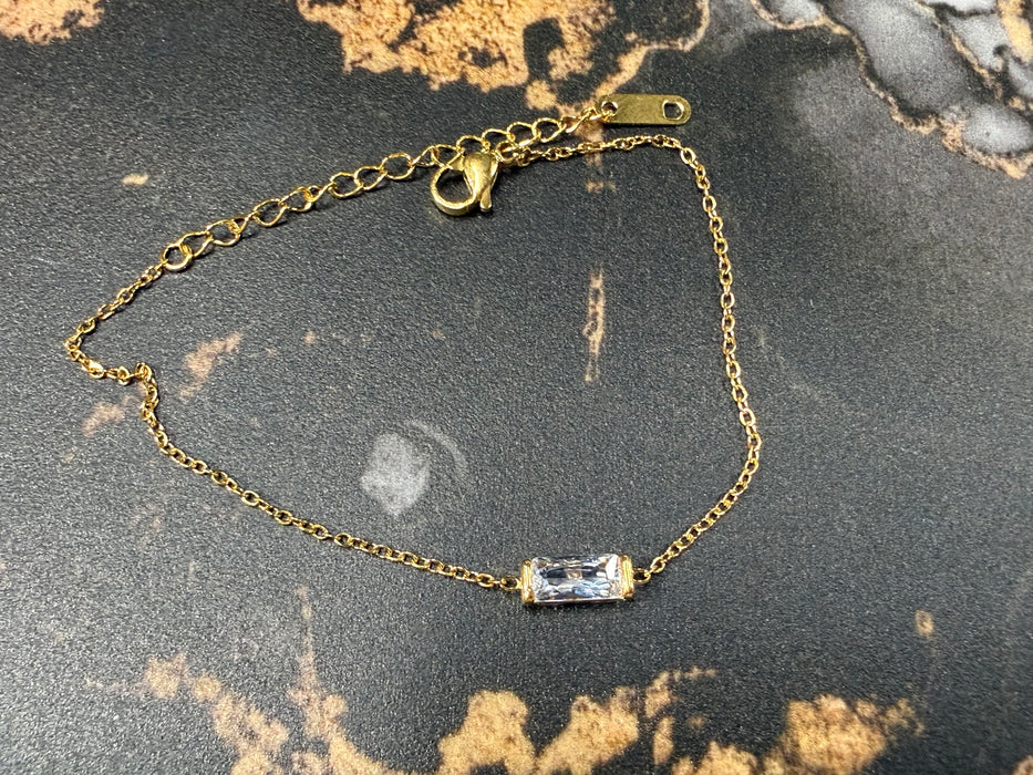 Birthstone Bracelets with Rectangle Birthstone Charm On Gold Chain- Great for Stacking!