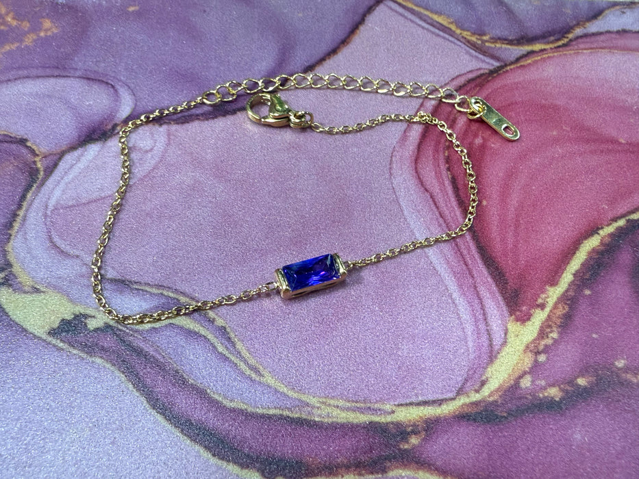 Birthstone Bracelets with Rectangle Birthstone Charm On Gold Chain- Great for Stacking!