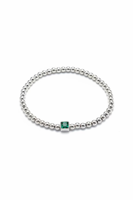 The Confetti in Silver-  Beaded Bracelet with Square shaped Birthstone Charm