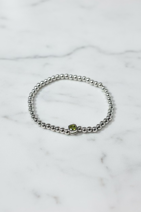 The Confetti in Silver-  Beaded Bracelet with Square shaped Birthstone Charm