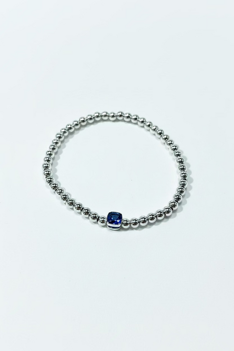 The Confetti in Silver-  Beaded Bracelet with Square shaped Birthstone Charm