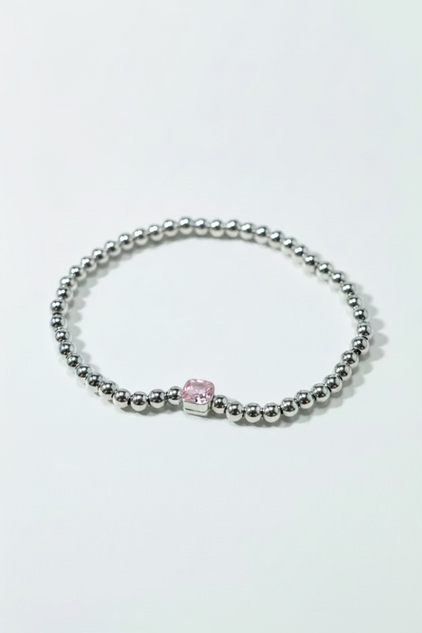 The Confetti in Silver-  Beaded Bracelet with Square shaped Birthstone Charm