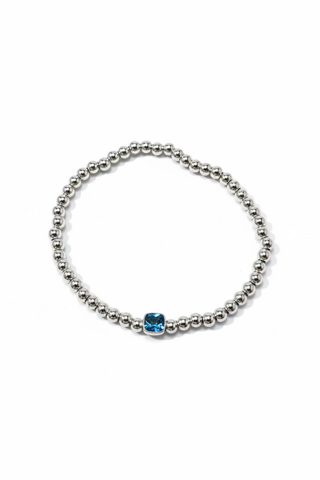 The Confetti in Silver-  Beaded Bracelet with Square shaped Birthstone Charm