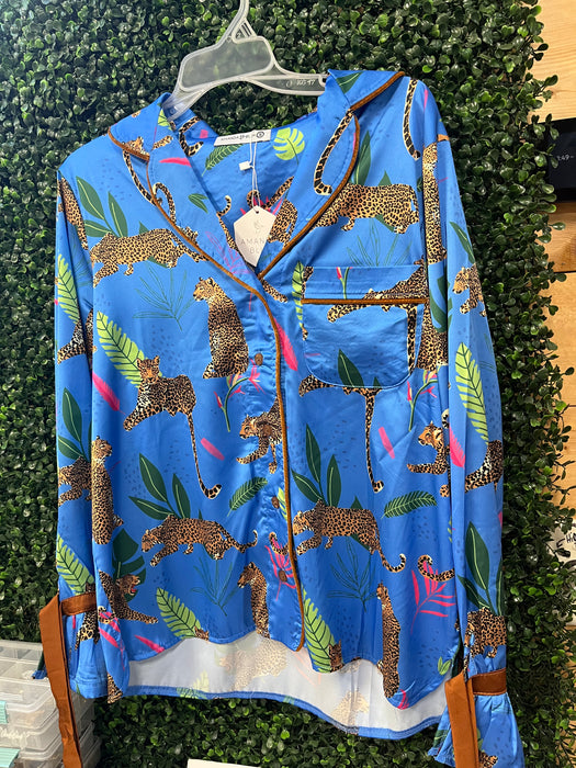 Prowling Leopard Satin Notch Collar Lounge / Pajama Top