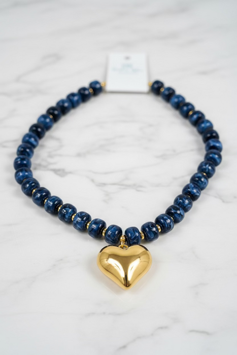 Dark Blue & Gold Chunky Beaded Necklace with Gold Heart