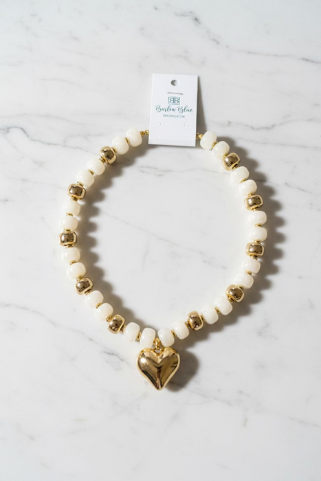 Cream & Gold Chunky Beaded Necklace with Gold Heart