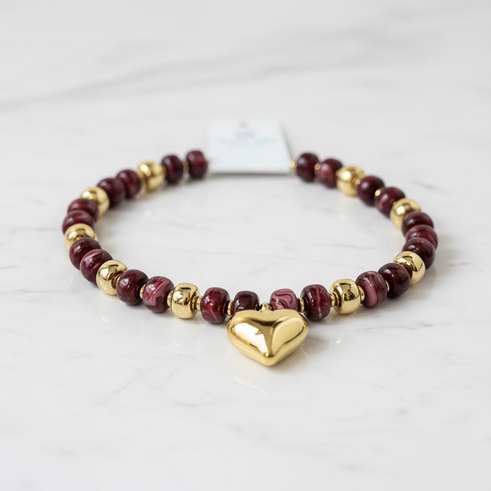 Maroon & Gold Chunky Beaded Necklace with Gold Heart