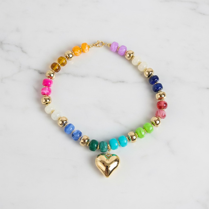 Multicolor & Gold Chunky Beaded Necklace with Gold Heart