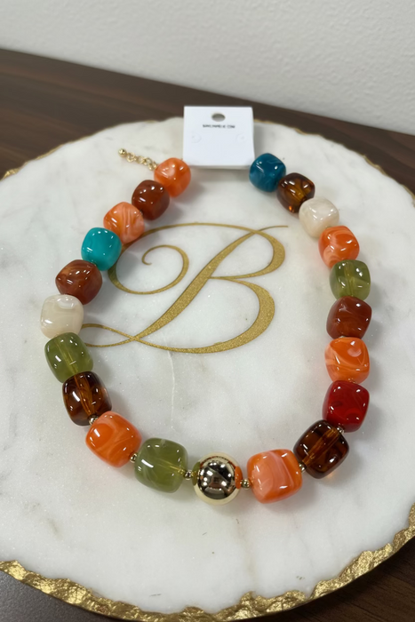 Fall Colorful Beaded Necklace with Gold Ball in the Center