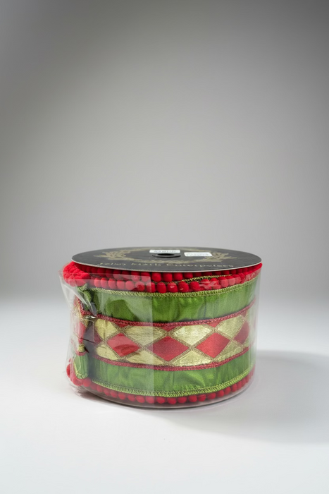 Apple Metallic Dupion Diamond Velvet Overlay Pom Pom Trim John Mark Ribbon: 4in wide x 10yd