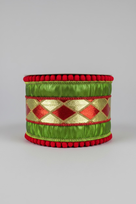 Apple Metallic Dupion Diamond Velvet Overlay Pom Pom Trim John Mark Ribbon: 4in wide x 10yd