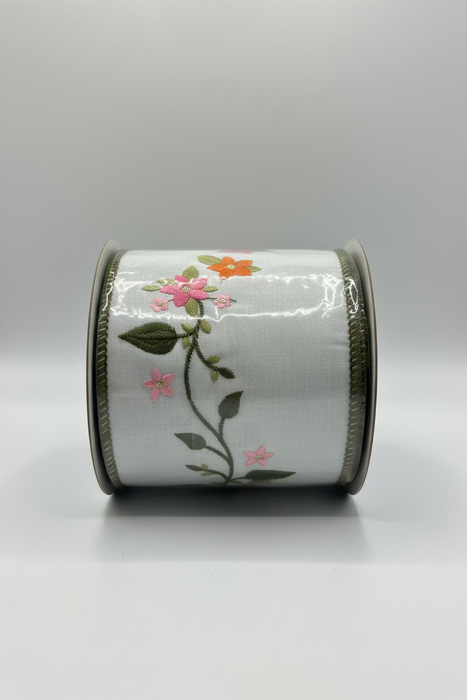 Embroidered Floral Vine Dupion Light Blue John Mark Ribbon: 4in wide x 5yd