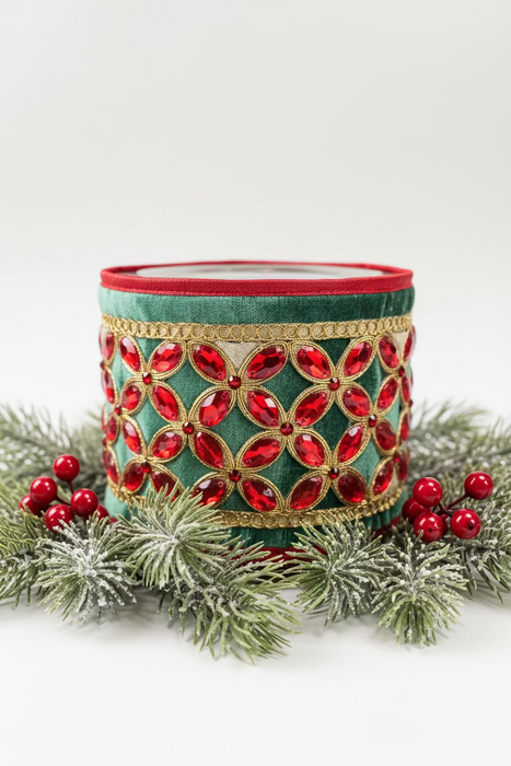 Green Velvet Red Floret Center Metallic Dupion Trim Red-4x5yd John Mark Ribbon: 4in wide x 5yd