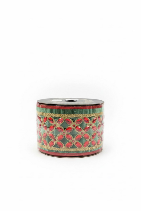 Green Velvet Red Floret Center Metallic Dupion Trim Red-4x5yd John Mark Ribbon: 4in wide x 5yd