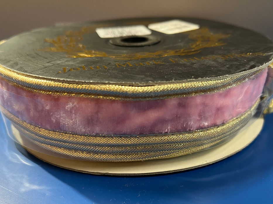 Pink Velvet Dupion Double Sided Fused Metallic with Gold Piping John Mark Ribbon: 1in wide x 10yd