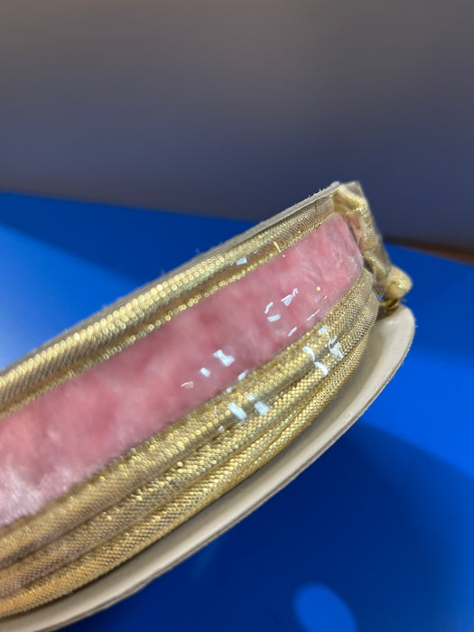 Pink Velvet Dupion Double Sided Fused Metallic with Gold Piping John Mark Ribbon: 1in wide x 10yd